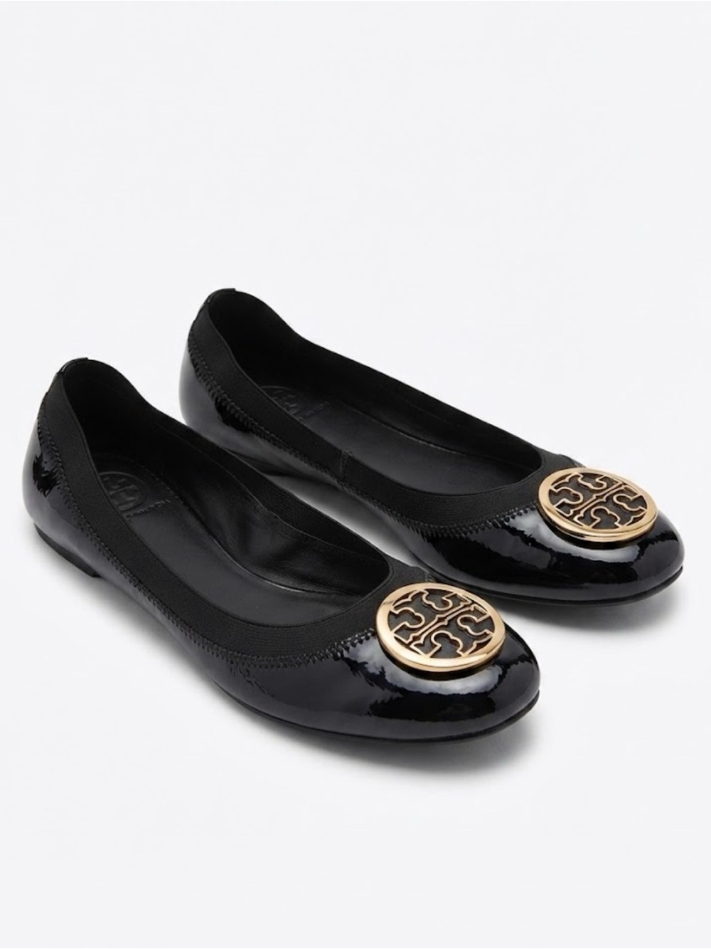 Tory Burch Black Patent Leather Minnie Travel Ballet Flats Gold Logo SZ 9.5